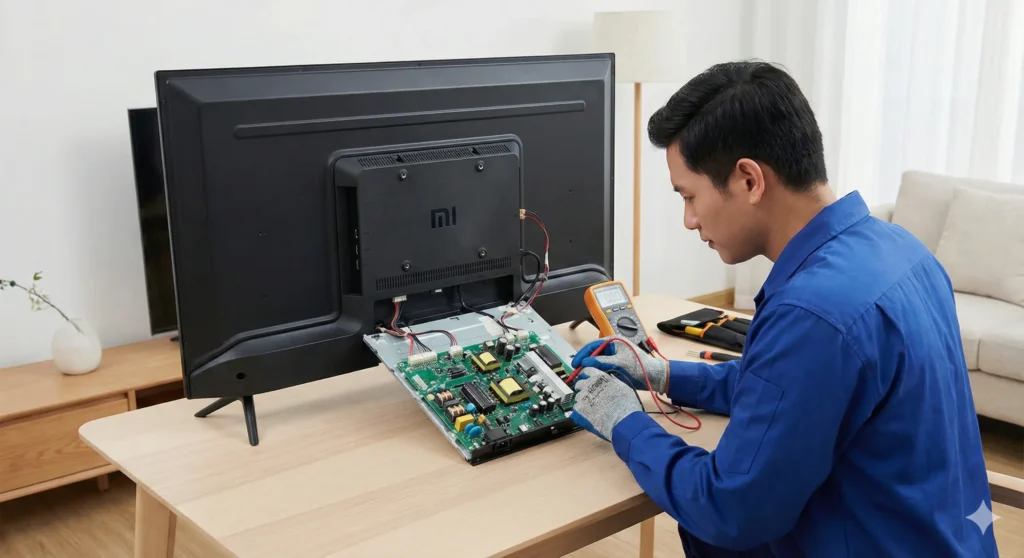 Certified technician repairing an MI LED Smart TV